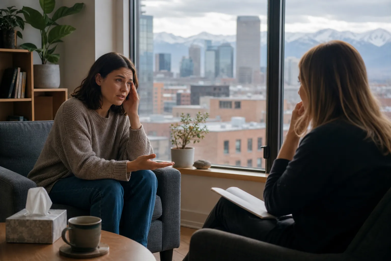 A woman gestures while talking to a seated therapist holding a notebook, with a city skyline and mountains outside the window.
