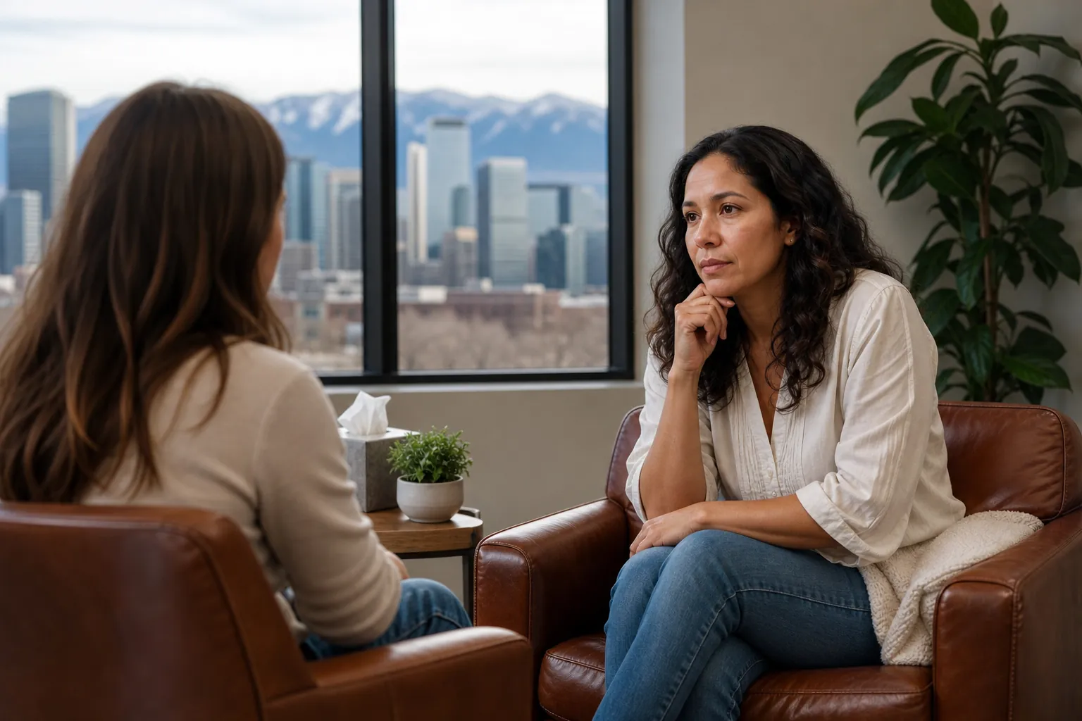 Two women sit facing each other in leather chairs, one resting her chin on her hand, with a city and mountains outside.