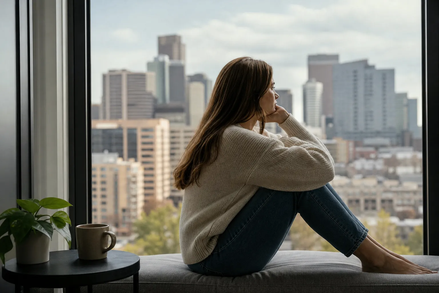 Woman Sitting Reflectively Beside a City Window A woman in a knit sweater sits barefoot with her knees drawn up on a window bench, looking toward a city skyline.