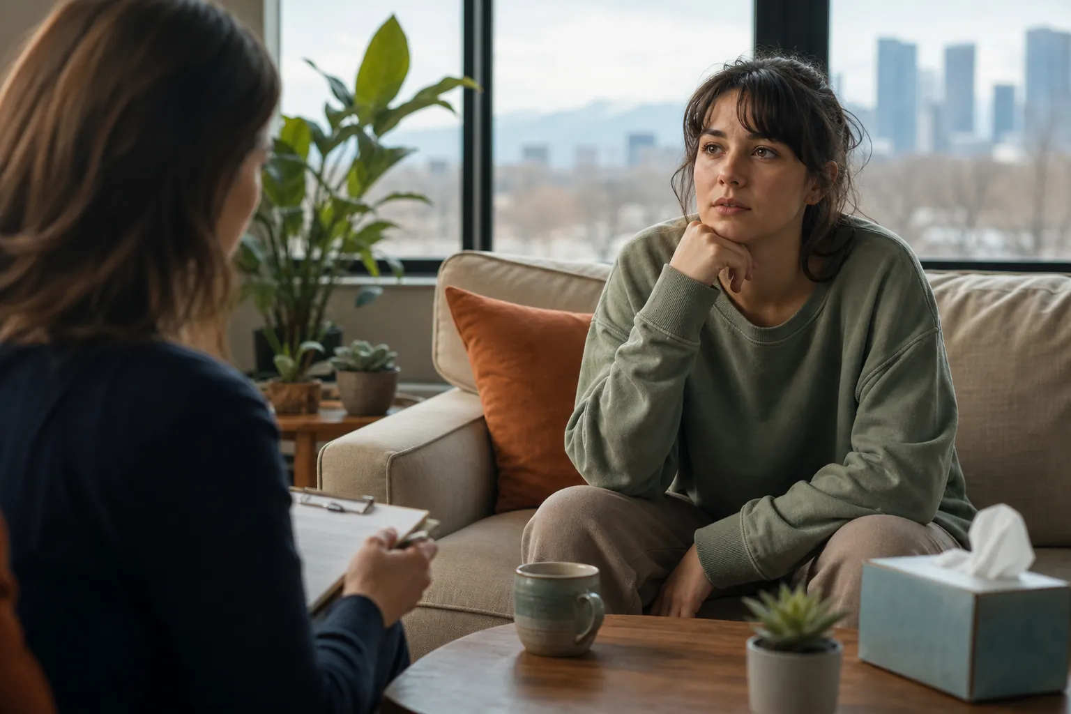 Woman in a Thoughtful Conversation During Therapy A woman sits on a beige sofa with her hand under her chin, facing another woman holding a clipboard in a therapy setting.