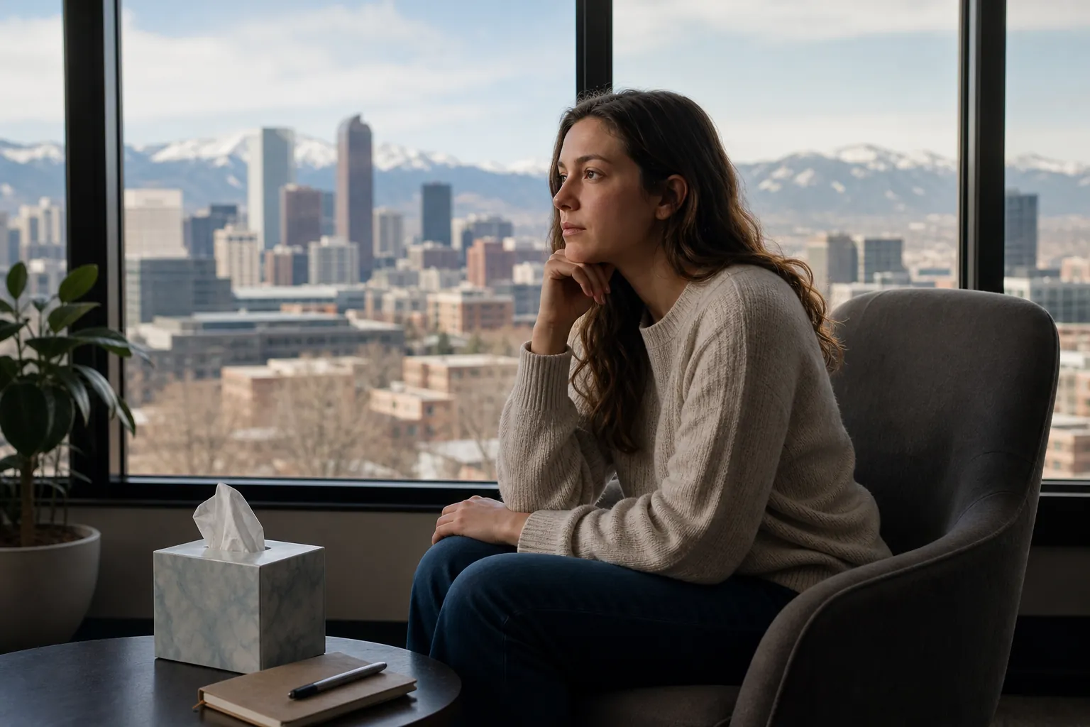 Reflective Woman Seated Beside Tissues and a Notebook A woman rests her chin on her hand in an armchair beside tissues and a notebook, with a city and mountains beyond the windows.