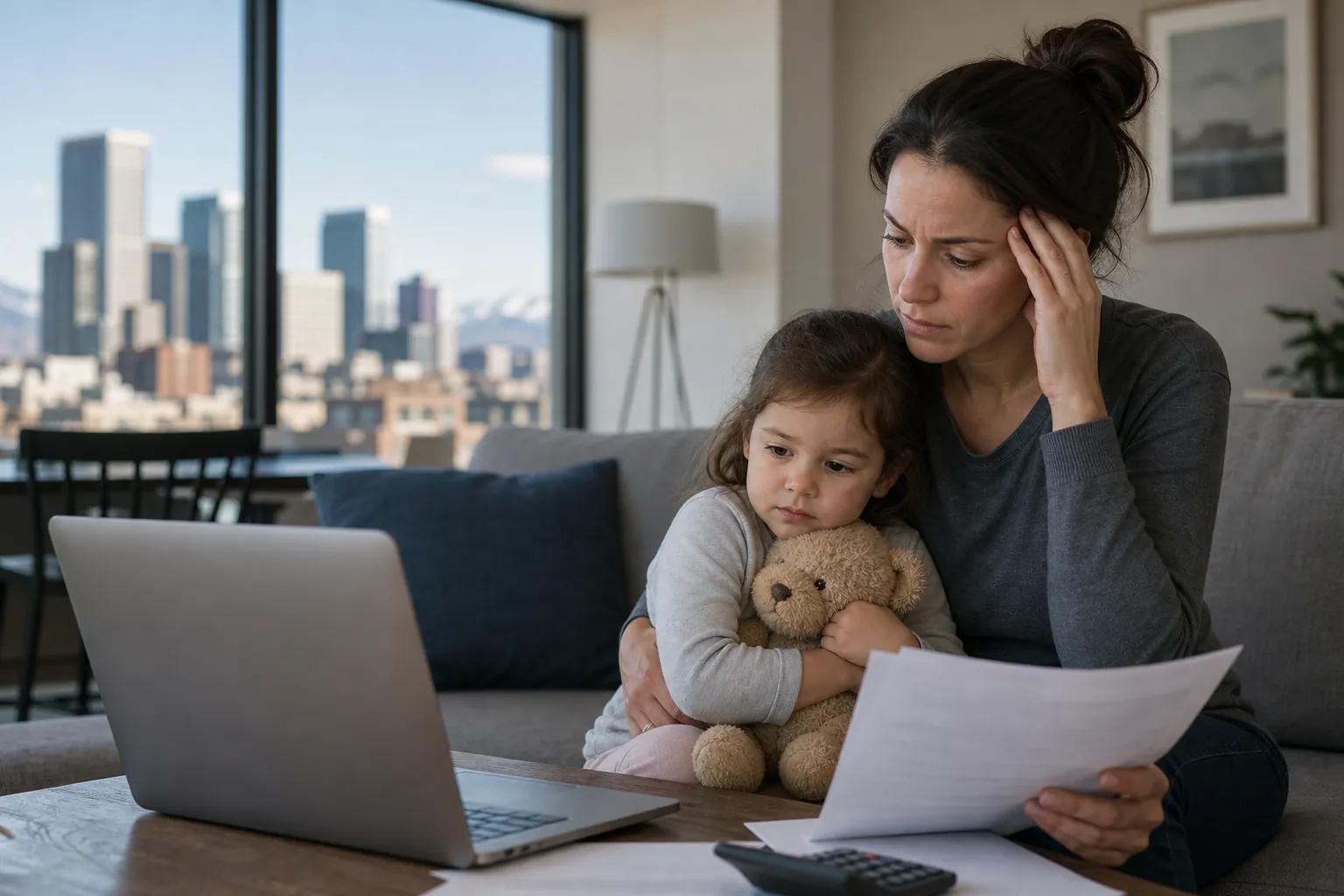 Woman Reviewing Paperwork With a Child Beside Her A concerned woman holds paperwork beside a laptop while a young girl hugs a teddy bear, with a city skyline outside.