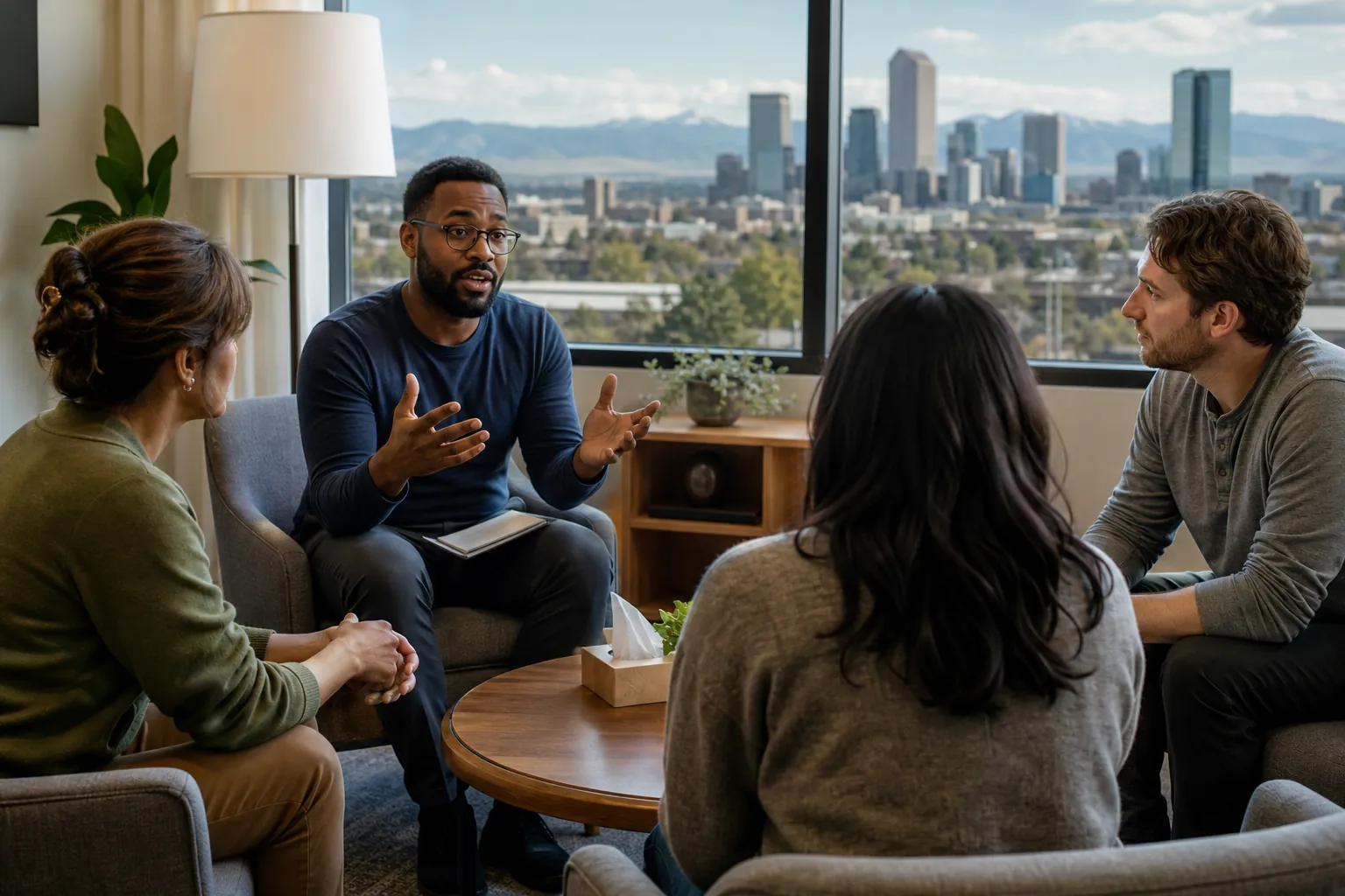 Group Counseling Session With a City Skyline View Four adults sit in a counseling circle as a man gestures, with tissues on a coffee table and a city skyline outside.