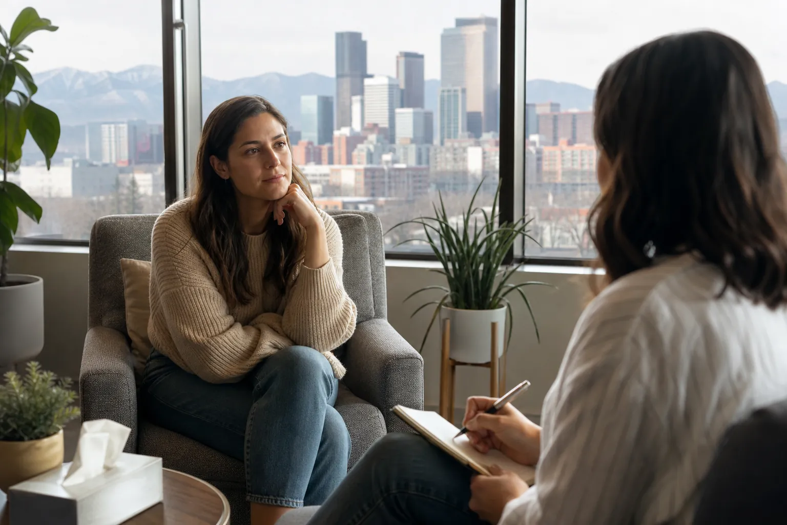 Individual Therapy in an Office With Mountain Views A woman sits facing a therapist holding a pen and notebook in an office overlooking a city skyline and mountains.