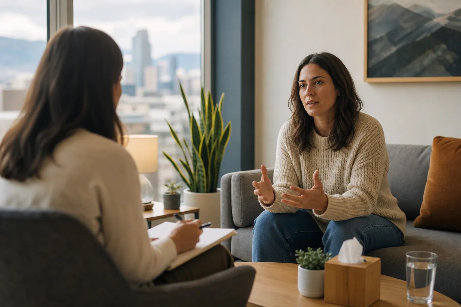 One-on-One Therapy Conversation in a Bright Office A woman on a gray sofa gestures while speaking with another woman holding a pen and clipboard in a bright office.