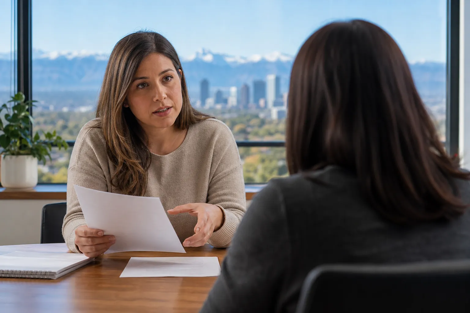 Two Women Reviewing Paperwork in an Office Two women discuss paperwork across a wooden desk in an office overlooking a city skyline and distant mountains.
