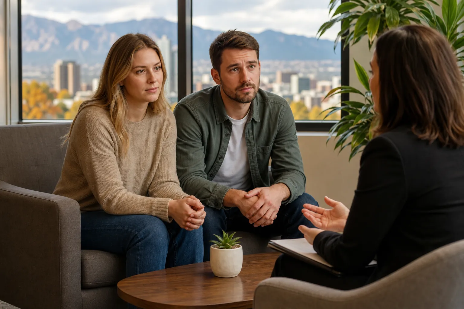 Couple Meeting With an Advisor in a Mountain-View Office A couple sits on a couch facing a woman holding a folder, with city buildings and mountains visible through office windows.