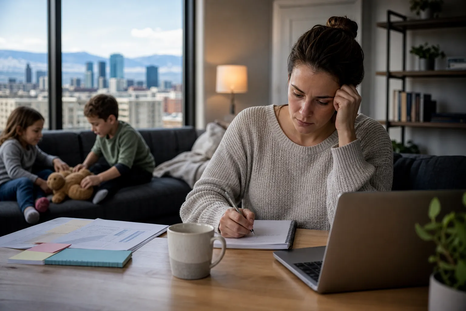 Woman Working at Home While Children Play A woman rests her head on one hand while writing beside a laptop, with two children playing on a sofa behind her.