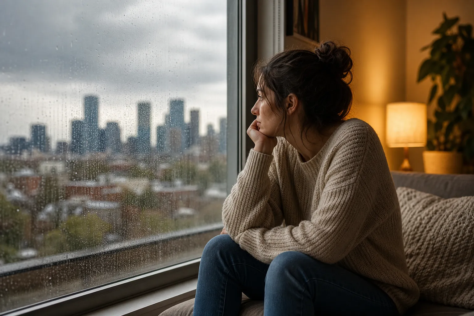 Woman Gazing Through a Rainy Window A woman in a knit sweater sits on a sofa, resting her chin on her hand as she gazes through a rain-speckled window.