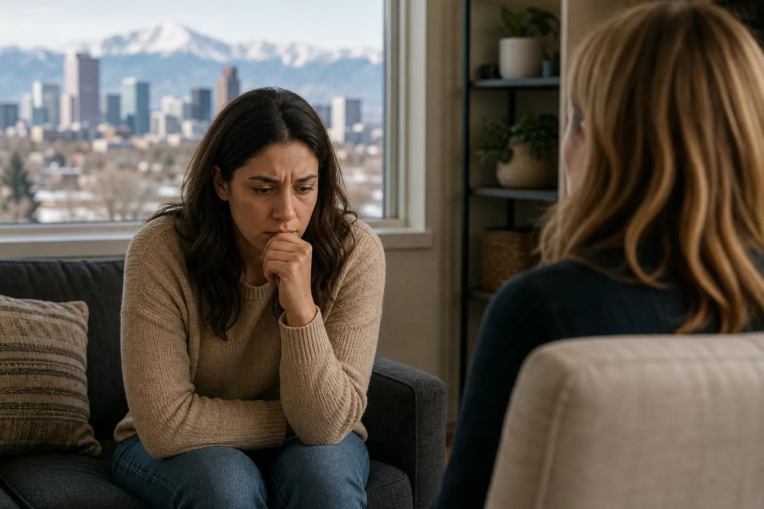Worried Woman Seated Across From Another Woman A worried woman sits with her hand against her chin, facing another woman, with a city skyline and snowy mountains behind her.