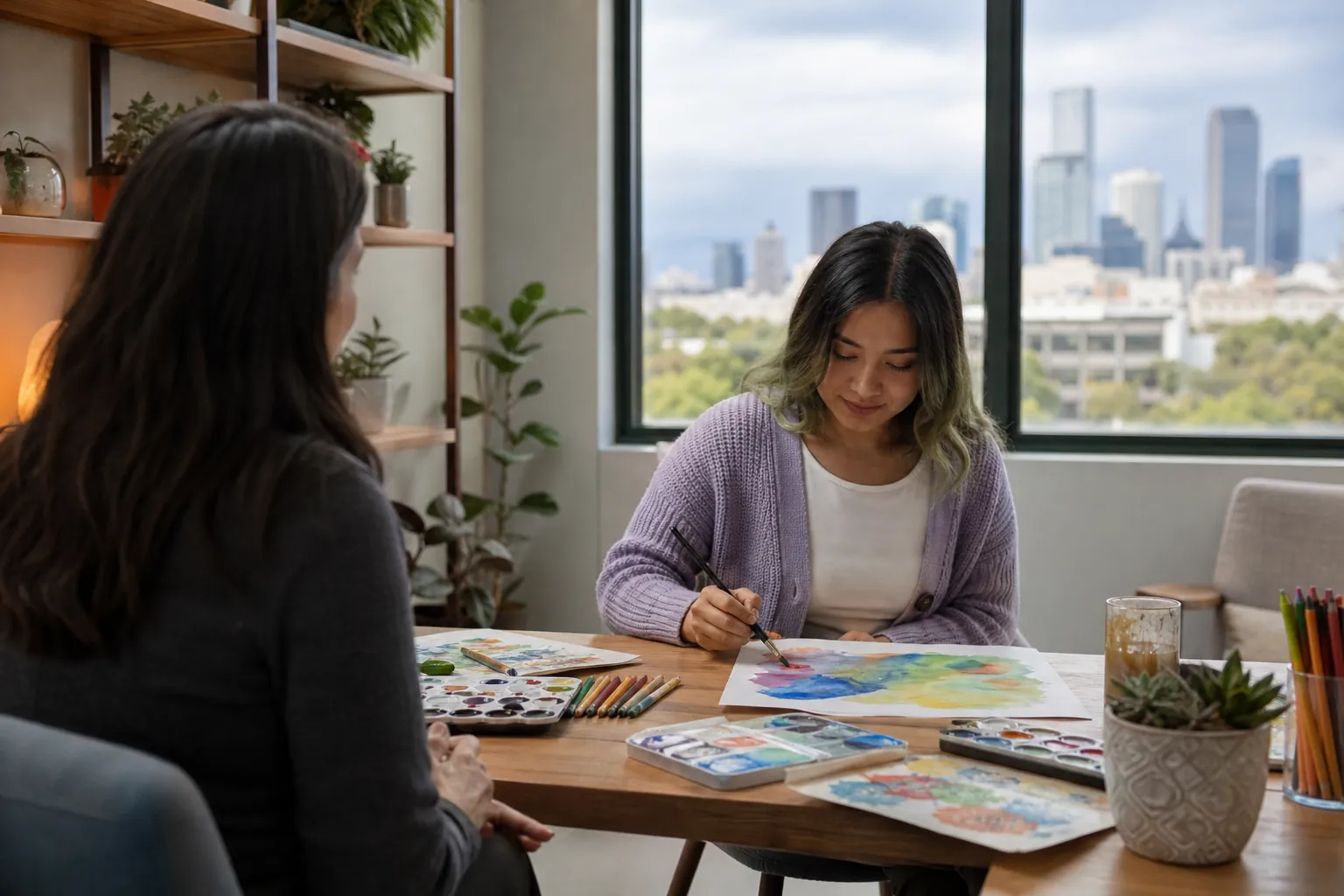 Two women sit at a table with watercolor supplies as one paints, with plants and a city skyline visible through the window.