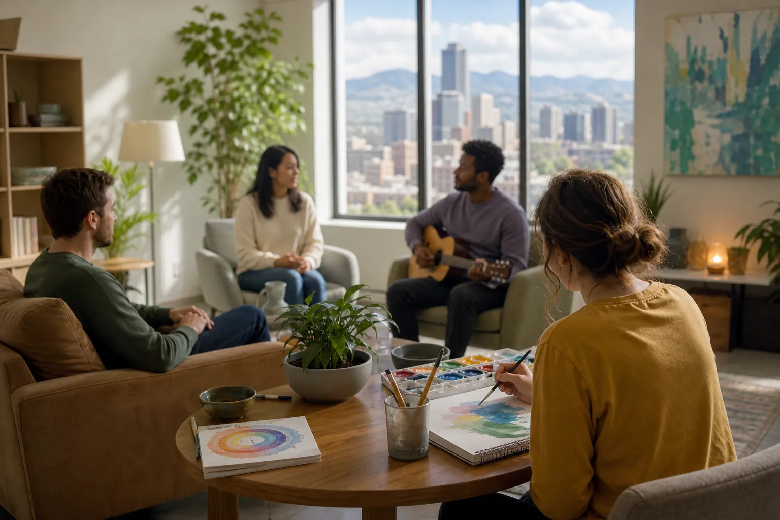 Four adults share a sunlit lounge, with one painting watercolors and another playing guitar beside windows overlooking a city.