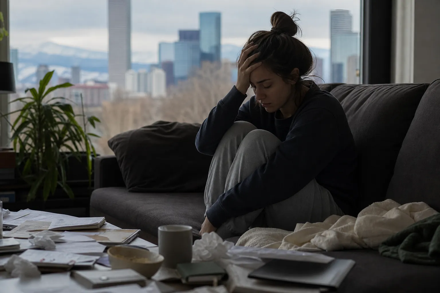 Distressed Woman Curled Up on a Sofa A woman sits curled up on a dark sofa with her hand on her forehead, beside a cluttered table overlooking a city skyline.