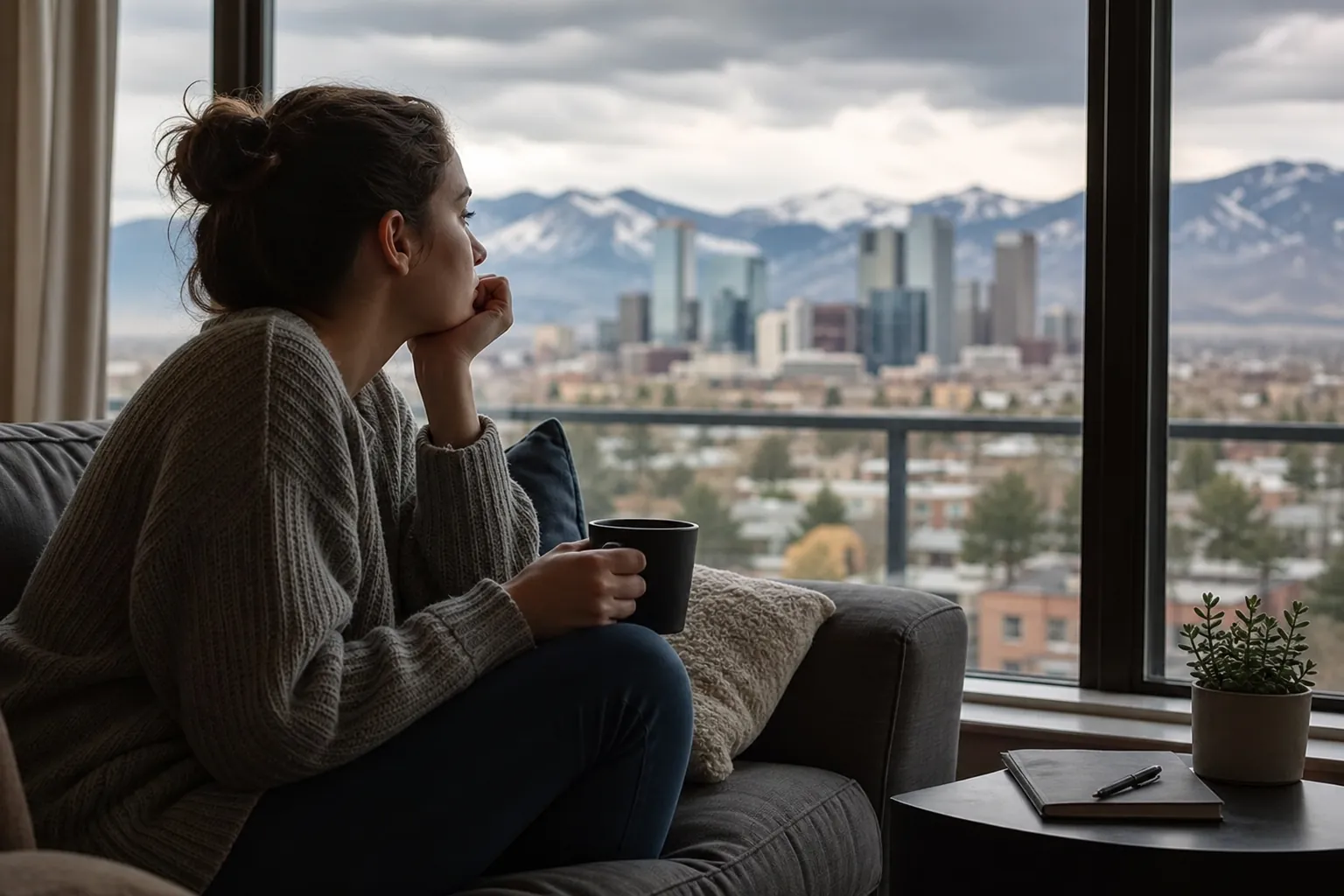 Pensive Woman Looking Out at City and Mountains A woman holding a black mug rests her chin on her hand, gazing through a window at a city skyline and snowy mountains.