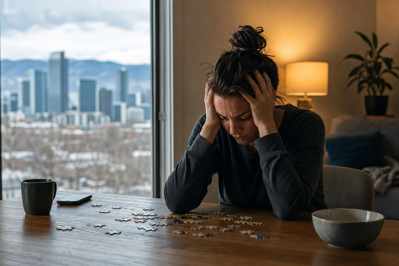 Distressed Woman Holding Her Head at a Puzzle Table A distressed woman holds her head at a wooden table scattered with puzzle pieces, beside a window overlooking a city.
