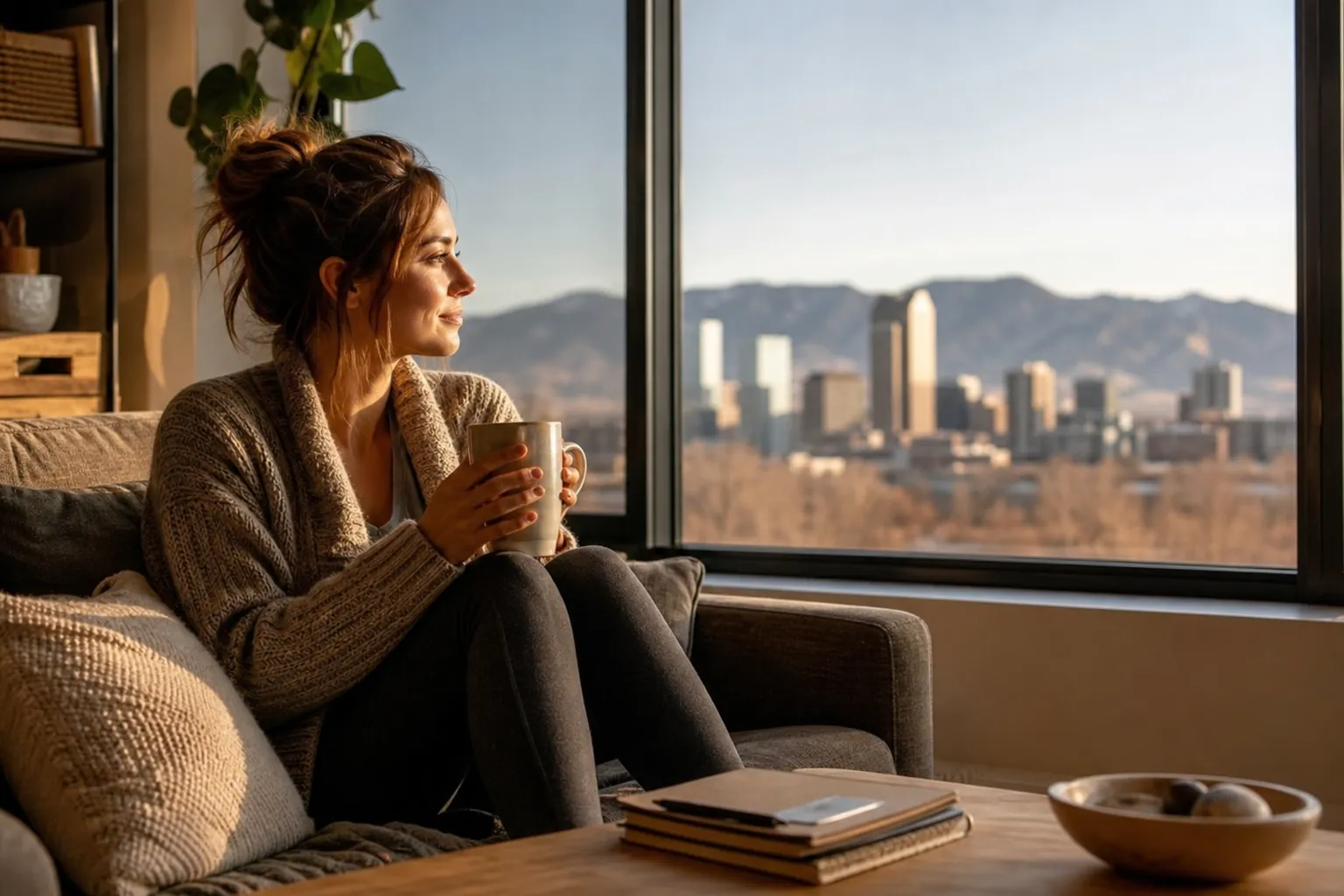 Woman Holding a Mug Beside a City View Window A woman in a knit cardigan holds a mug on a sofa beside a large window overlooking a city skyline and distant mountains.