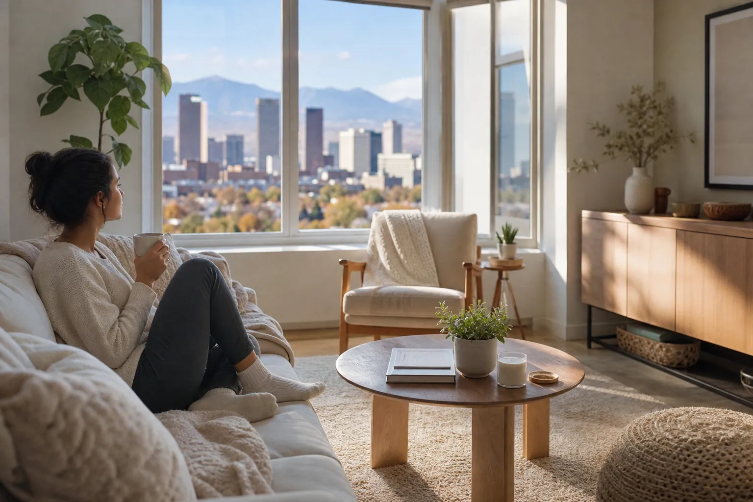 Woman Relaxing With a Mug Beside City View Windows A woman holding a mug sits on a sofa in a sunlit living room overlooking a city skyline and distant mountains.