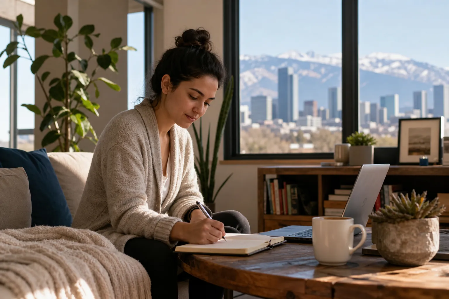 Woman Journaling Beside a Laptop With Mountain Views A woman writes in a notebook beside an open laptop and mug, with a city skyline and snowy mountains beyond the windows.