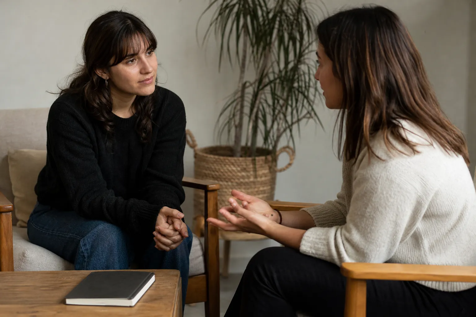 Illustrative scene: Two Women Having a Seated Conversation Illustrative scene: Two women sit facing each other in wooden armchairs, one listening with clasped hands while the other gestures with open palms.