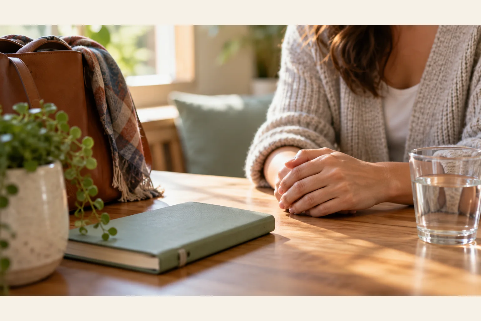 Illustrative scene: Clasped Hands at a Sunlit Wooden Table Illustrative scene: A person in a knit cardigan sits with clasped hands at a wooden table beside a notebook, water glass, plant and bag.
