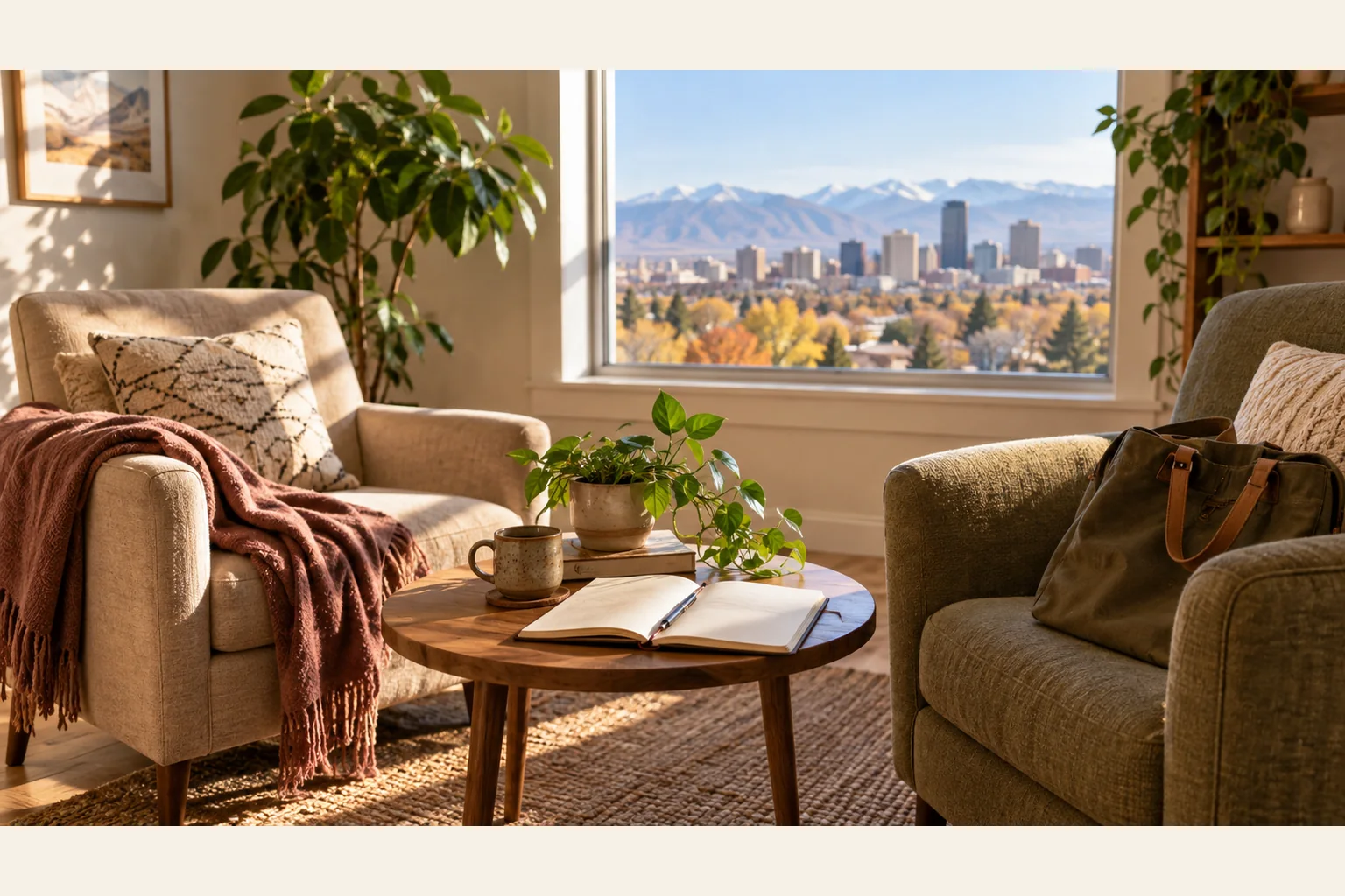 Illustrative scene: Quiet Seating Area With City and Mountain Views Illustrative scene: Two armchairs flank a wooden table with an open notebook, mug and plant, beside a window overlooking a city and mountains.