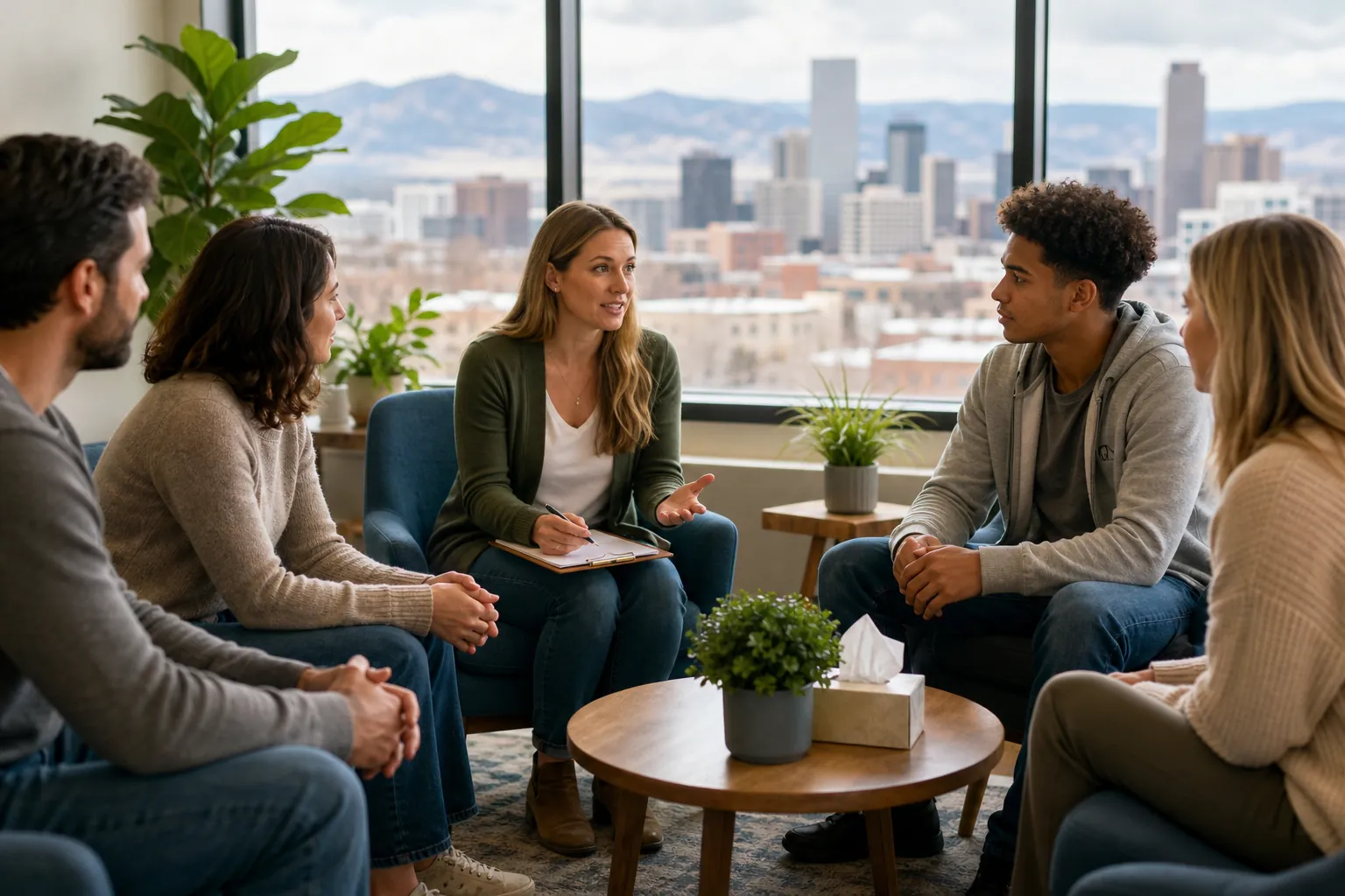 Group Discussion in a Bright Office With City Views Five adults sit in a discussion circle as a woman holds a clipboard, with a city skyline and mountains beyond the windows.
