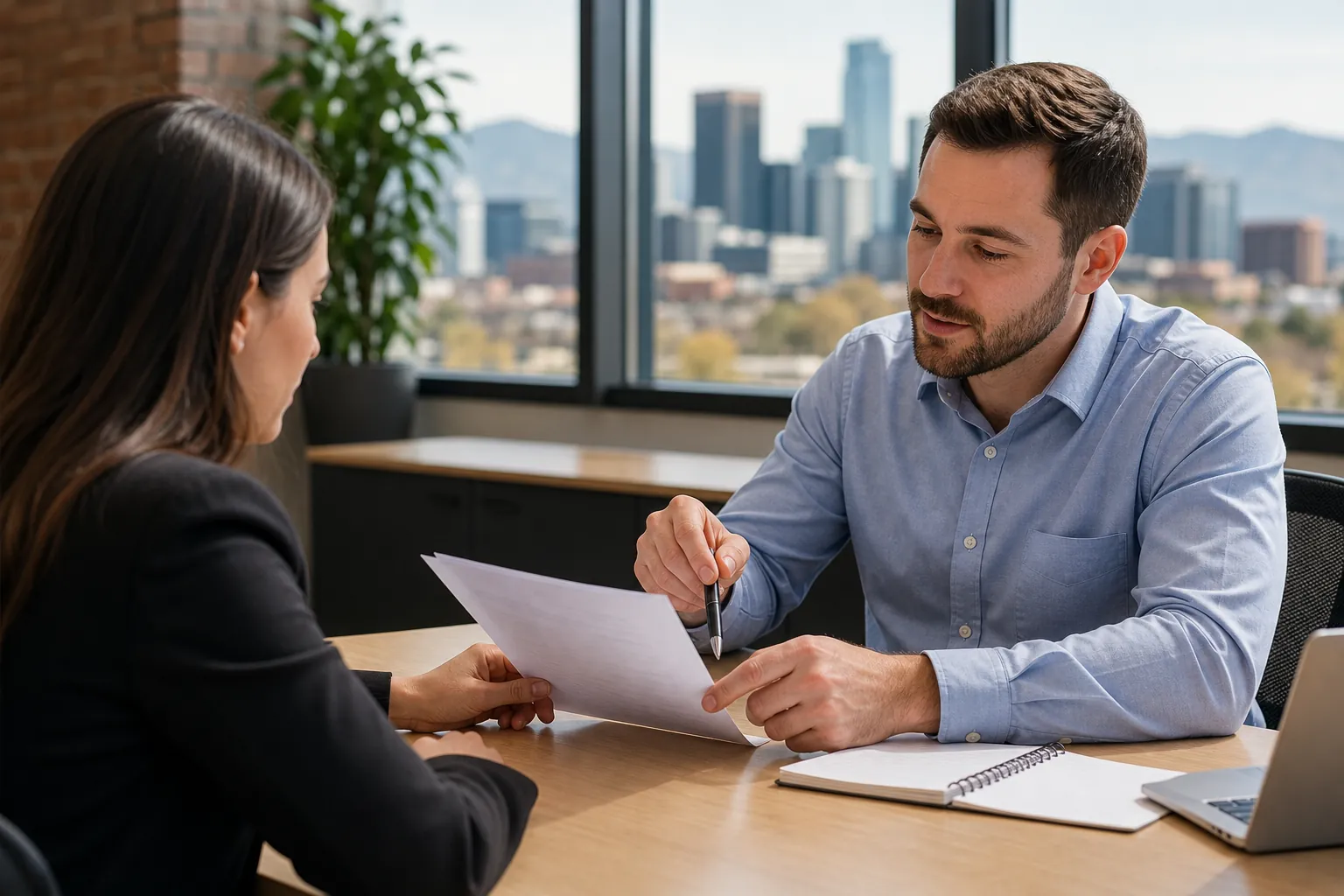 Office Consultation and Paperwork Review A man holding a pen reviews paperwork with a woman at an office desk, with a notebook, laptop, and city skyline visible.