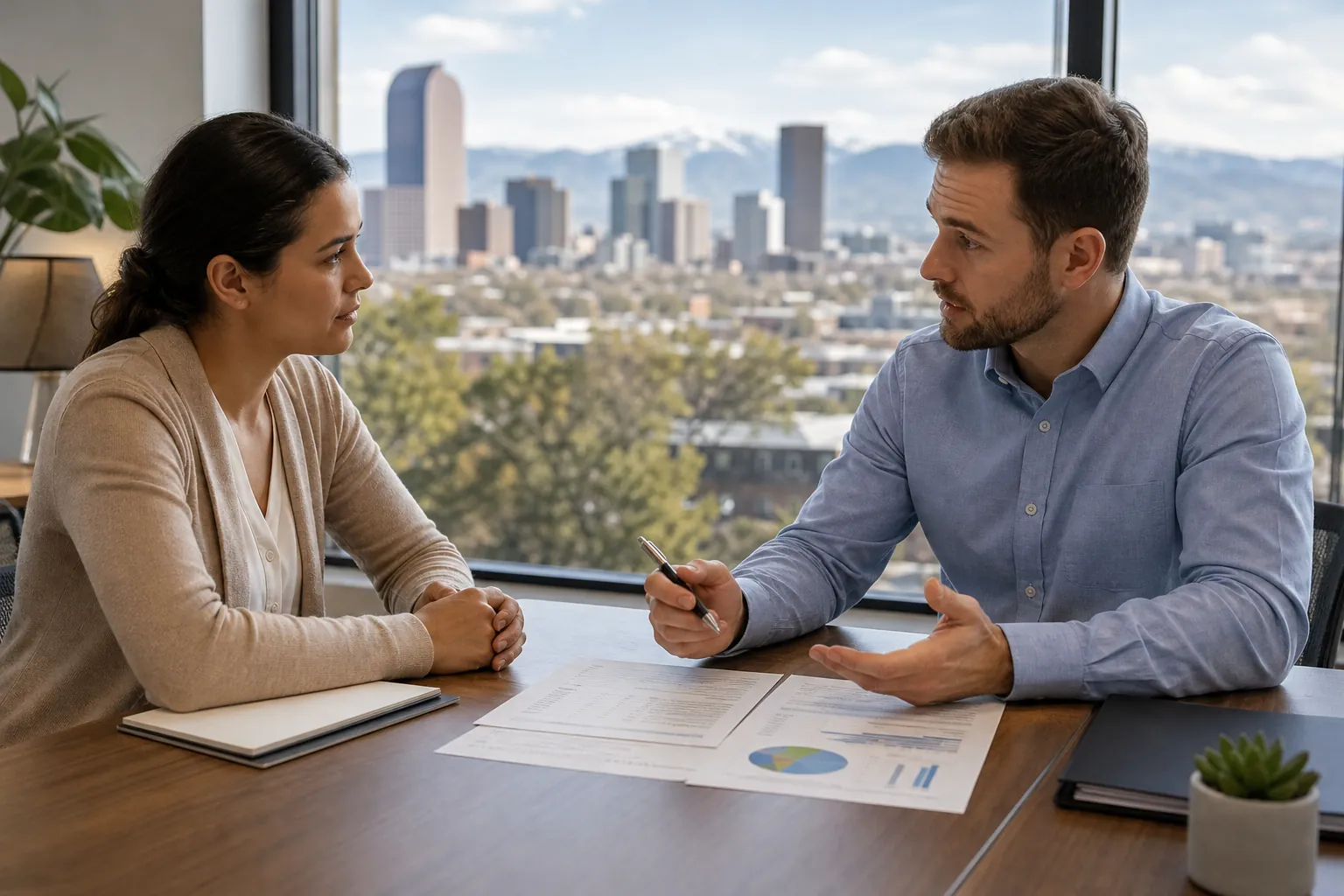 Office Consultation With Paperwork and Cost Charts A woman and a man discuss paperwork and charts at a desk beside a window overlooking a city skyline and mountains.