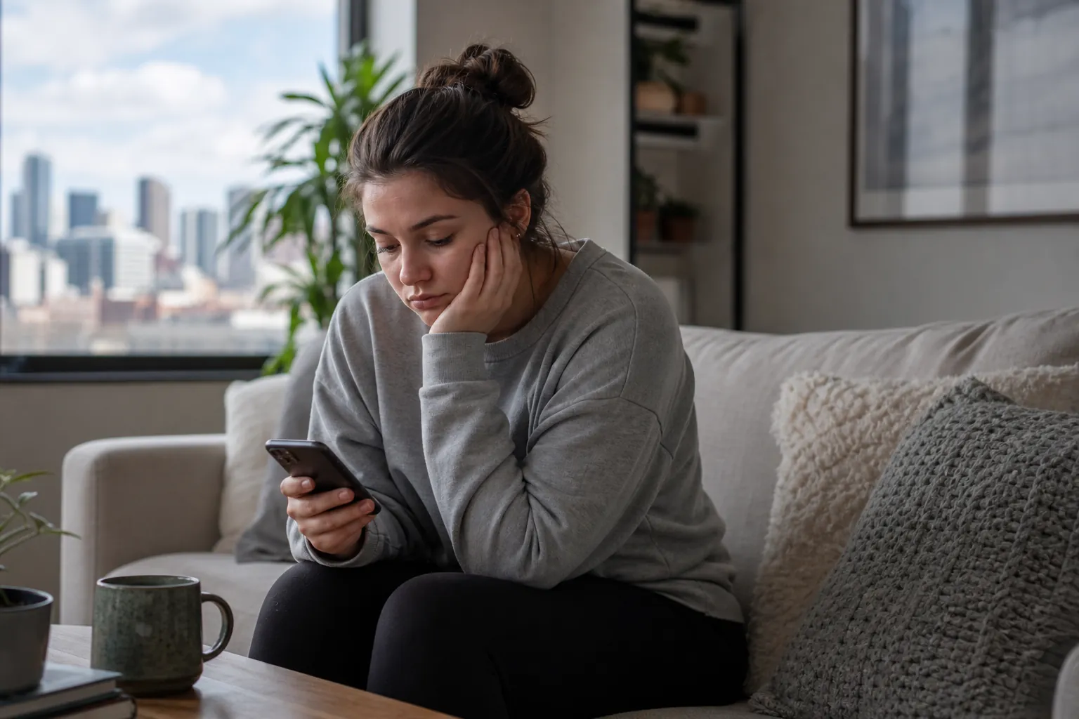 Woman Looking Down at Her Phone on a Sofa A woman in a gray sweatshirt sits on a sofa, resting her cheek in one hand while looking down at her smartphone.