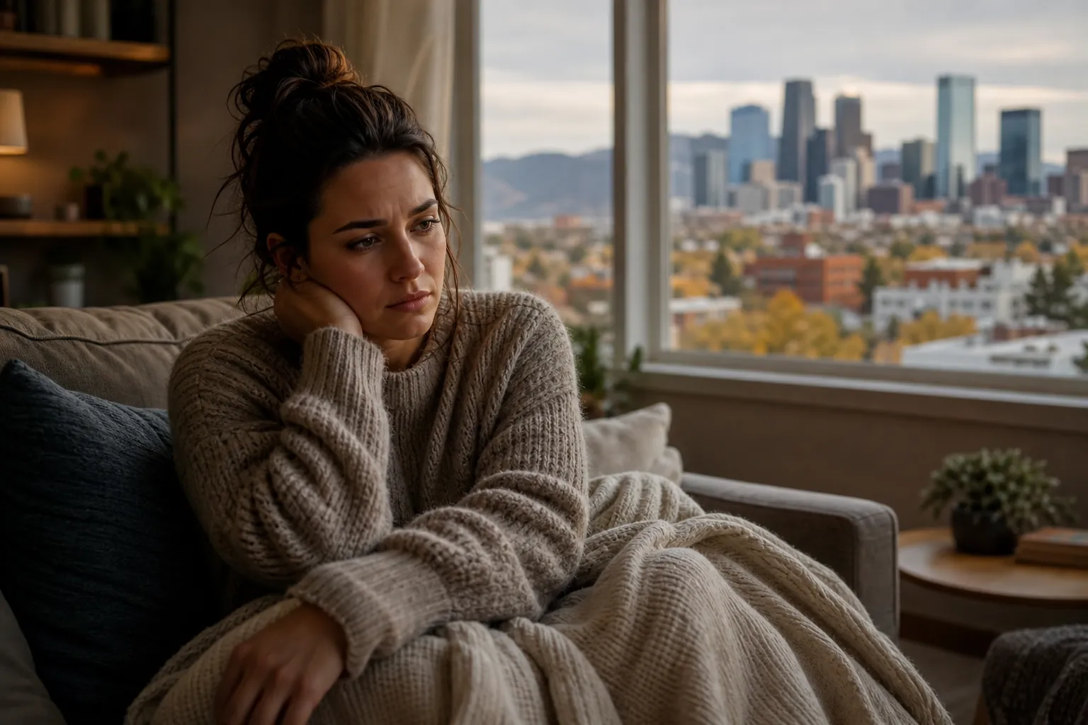 Pensive Woman on a Sofa Beside a City-View Window A pensive woman in a knit sweater sits under a blanket on a sofa, resting her head on her hand beside a city-view window.