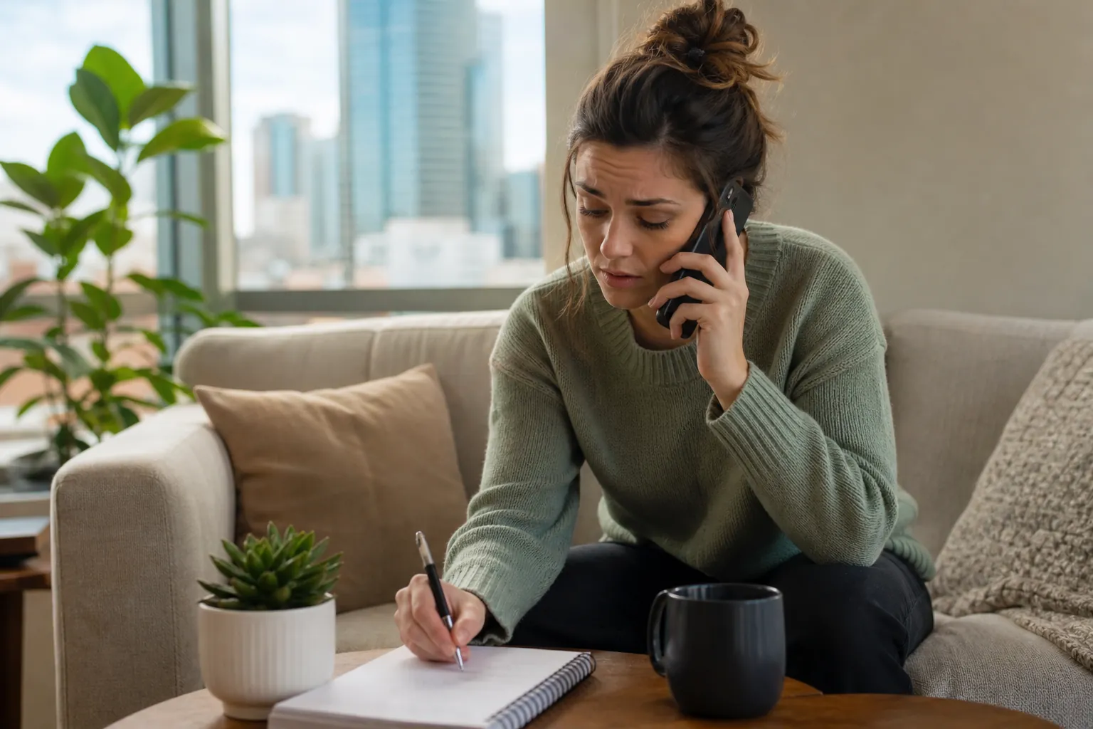 Woman Making a Phone Call and Taking Notes A concerned woman sits on a sofa, holding a phone to her ear and writing in a notebook on a coffee table.