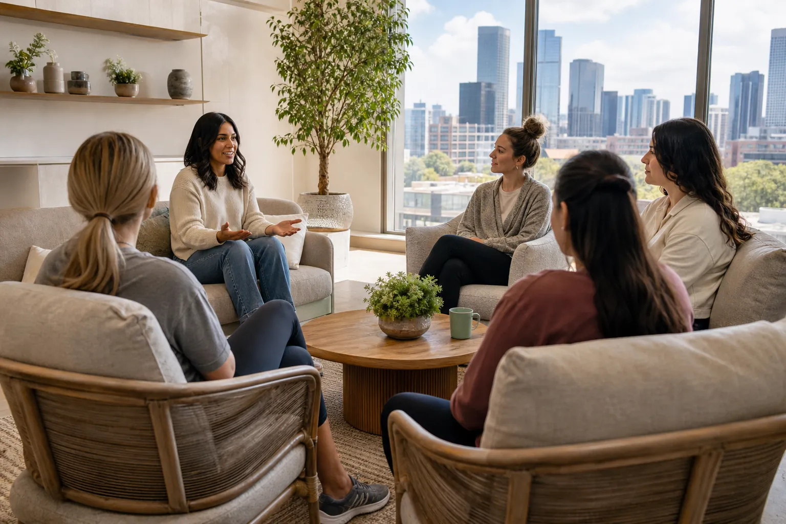 Women in a Group Discussion in a Bright City Lounge Five women sit in a circle in a bright lounge, listening to one woman speak, with plants and a city skyline behind them.