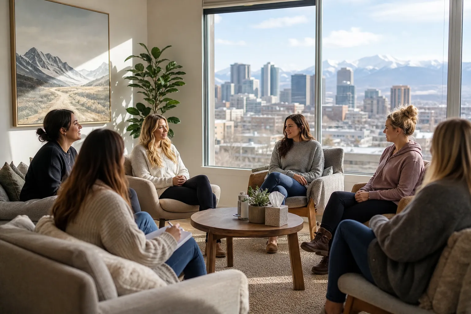 Women Seated in a Group Discussion With Mountain Views Six women sit in a circle around a coffee table in a bright room overlooking a city skyline and distant mountains.
