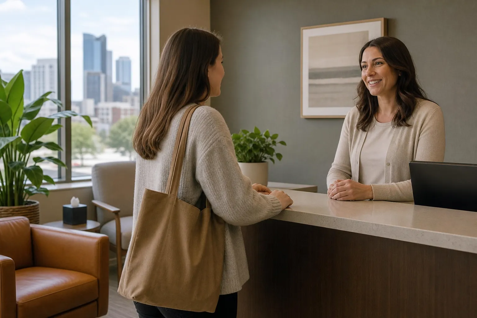 Woman Being Welcomed at a Reception Counter A woman carrying a tan tote stands at a reception counter, facing a smiling woman in a bright lobby with plants and seating.