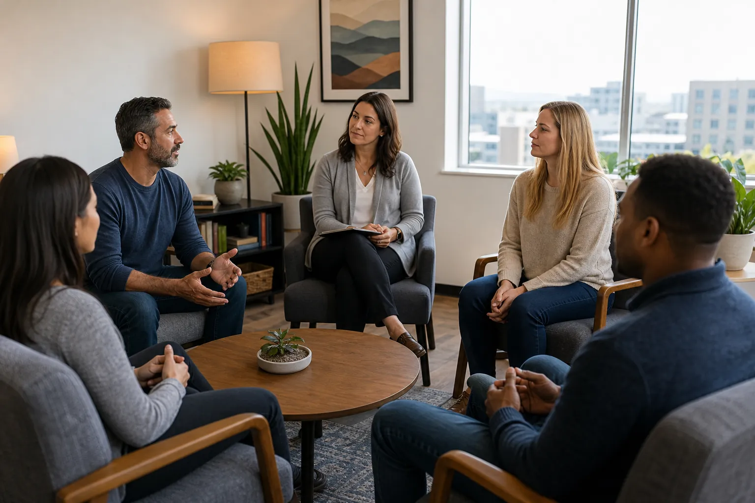 Calm Group Discussion in a Bright Counseling Room Five adults sit in a circle around a wooden coffee table in a bright room, listening as one man gestures while speaking.