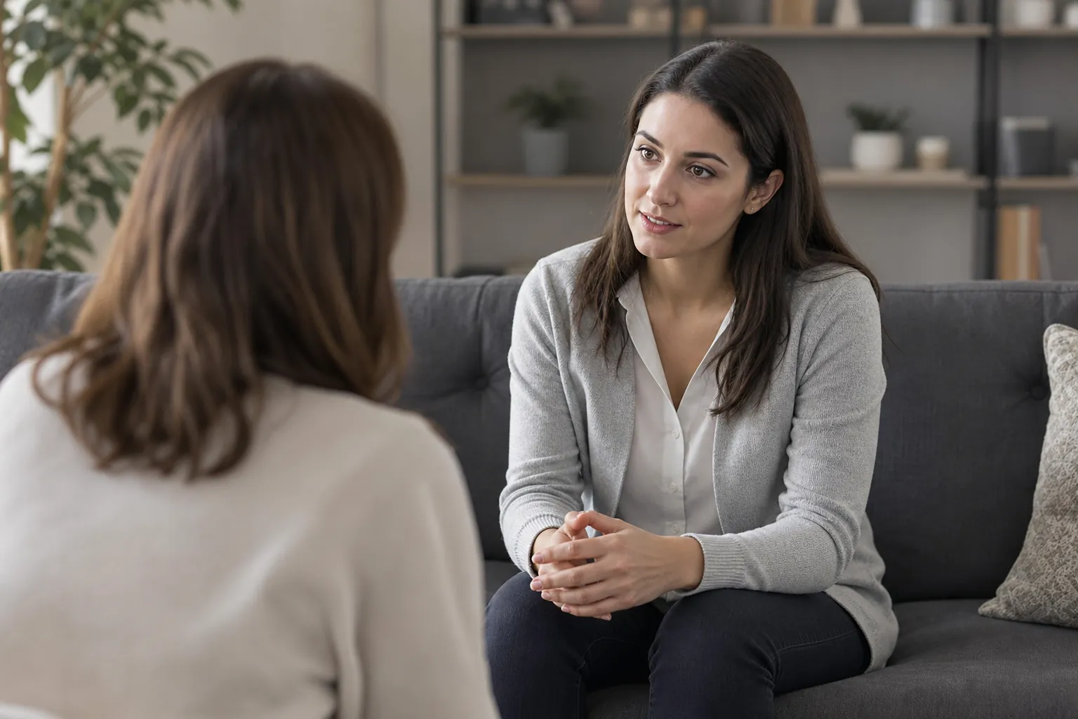 Two Women in a Calm Counseling Conversation Two women sit facing each other in a calm office, with one leaning forward on a gray sofa and clasping her hands.
