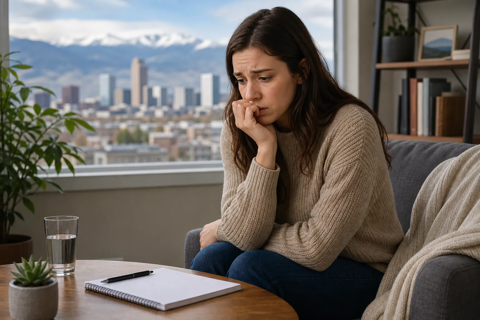 Nervous Before A Mental Health Assessment In CO - Worried Woman Sitting Beside a Notebook Worried Woman Sitting Beside a Notebook; Nervous Before A Mental Health Assessment In CO, Denver, CO