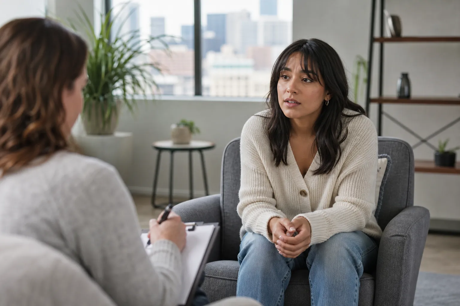 Woman Talking With a Clinician During an Assessment A woman sits with her hands clasped in a gray armchair, facing another woman holding a pen and clipboard in an office.