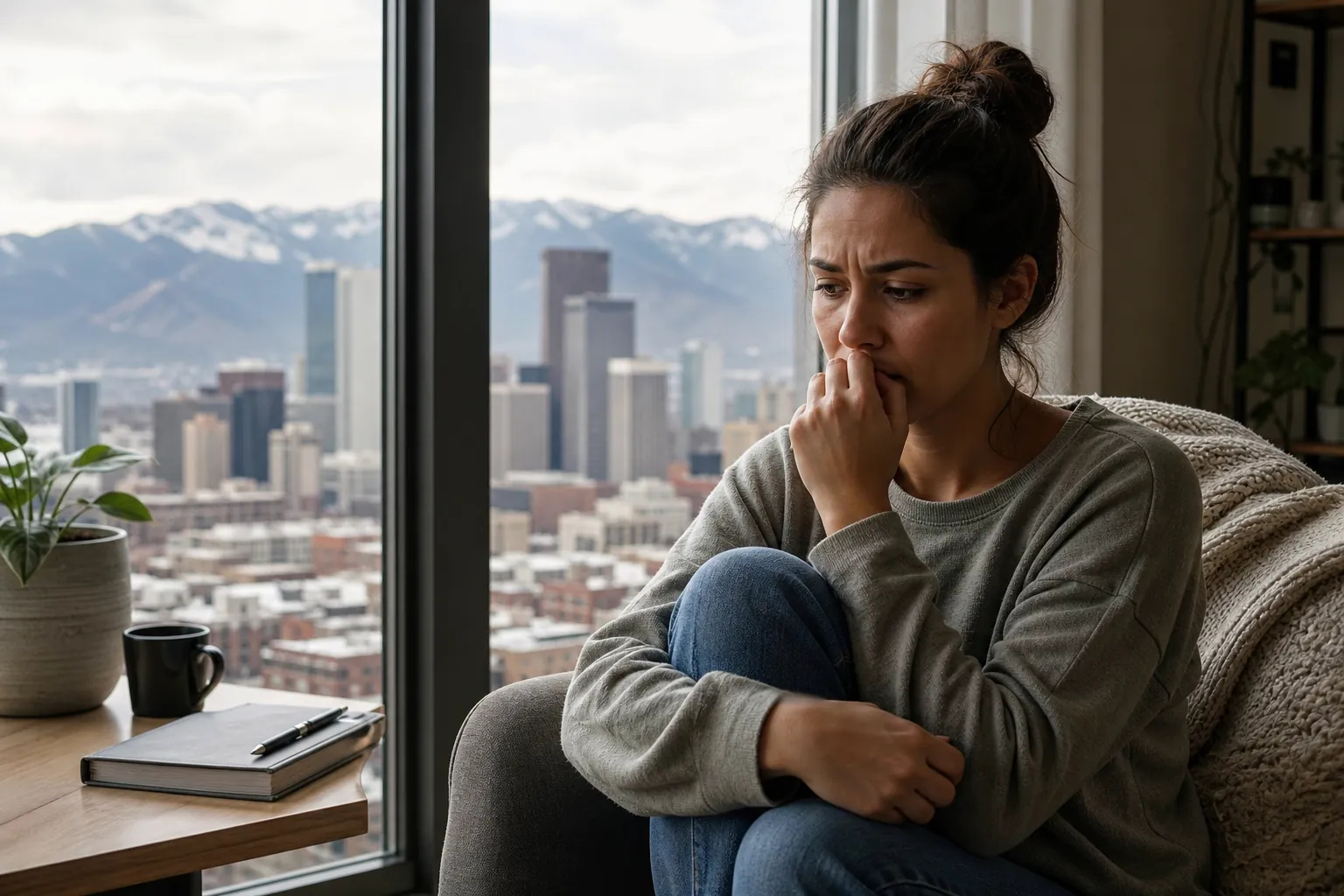 Worried Woman Beside a Window With Mountain Views A worried woman sits curled up in an armchair with fingers near her mouth, beside a window overlooking a city and mountains.