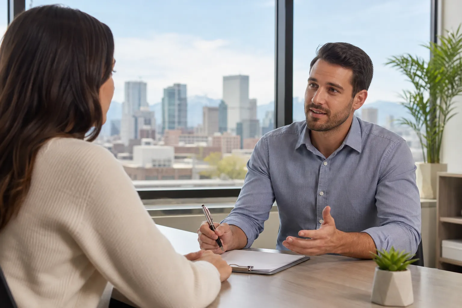 Office Consultation With Paperwork and City Views A man holding a pen gestures while speaking with a woman across a desk, with a clipboard and city skyline behind them.
