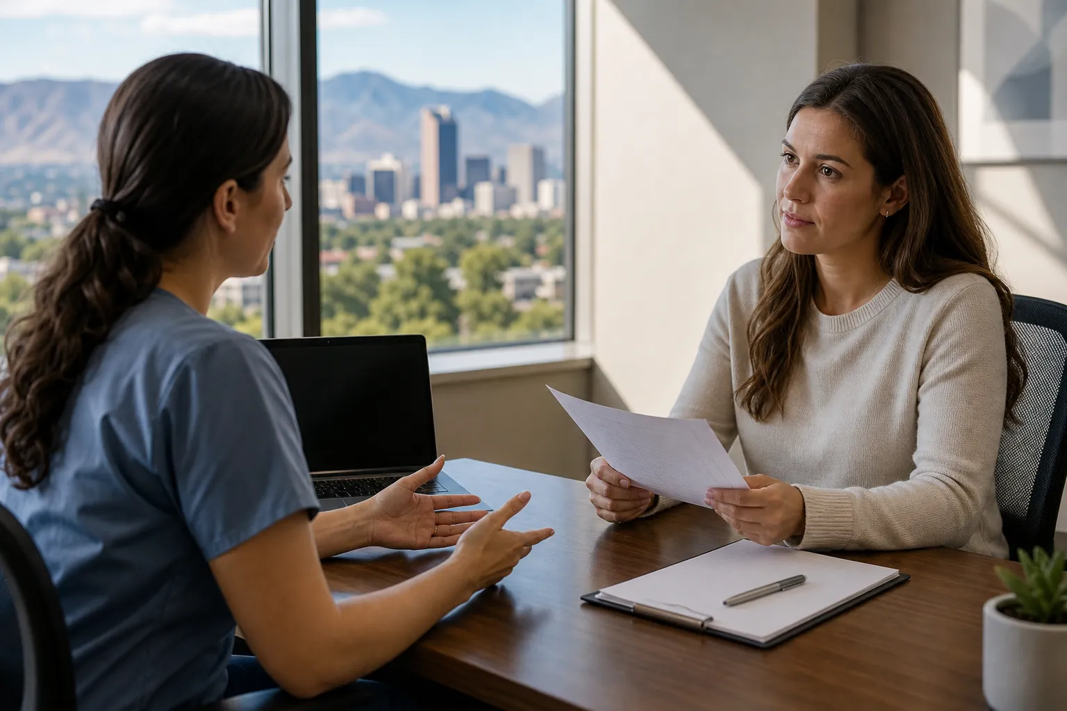 Patient and Healthcare Worker Discuss Paperwork A woman holds a sheet of paper while speaking with a healthcare worker across a desk with a laptop and clipboard.