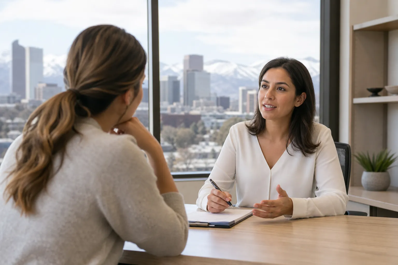 Office Consultation With City and Mountain Views Two women talk across an office desk, one holding a pen over a clipboard, with a city skyline and snowy mountains behind them.