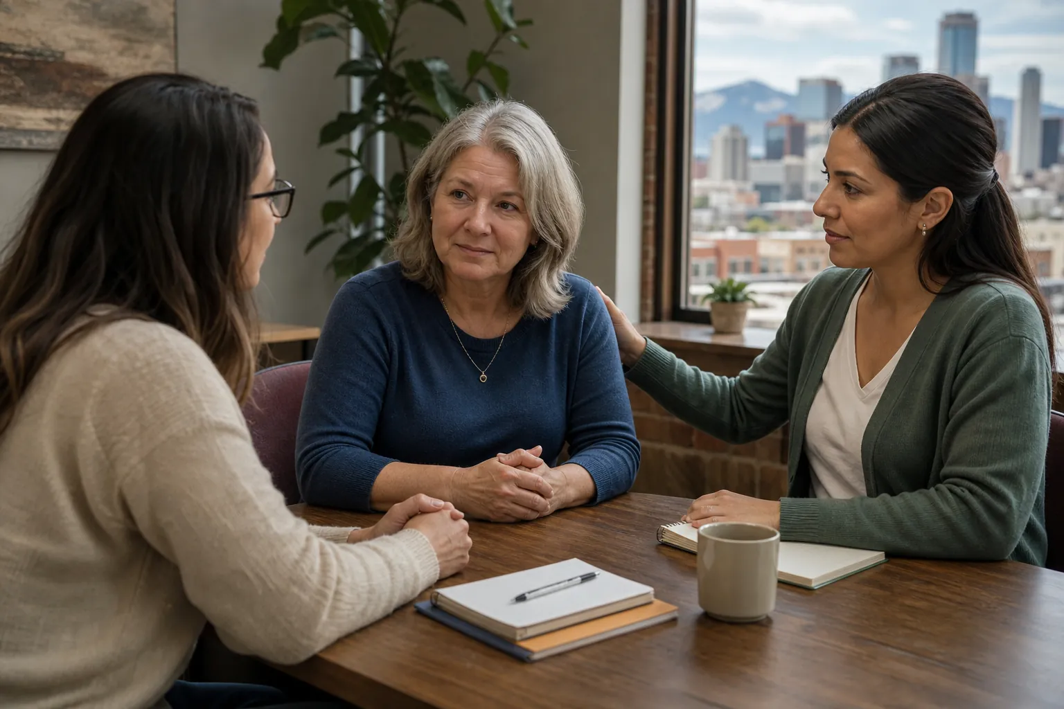 Three Women in a Supportive Conversation at a Table Three women sit around a table with notebooks and a mug, one resting a hand on the older woman's shoulder.