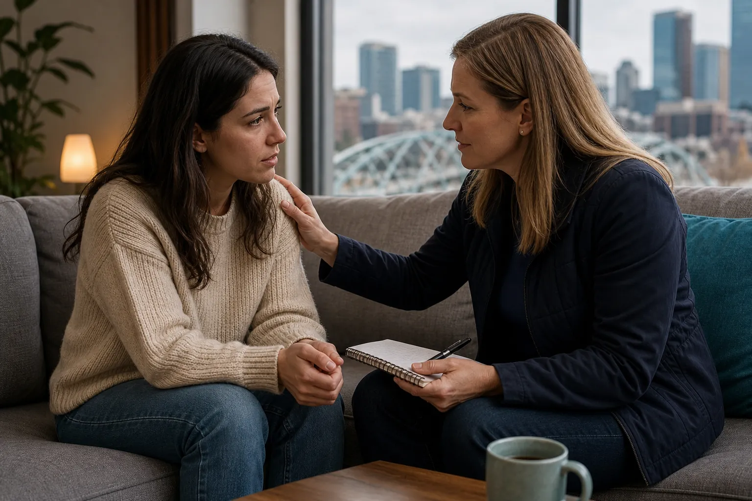 Supportive Conversation With a Notebook Two women sit on a gray sofa, one holding a notebook and pen while resting a reassuring hand on the other's shoulder.