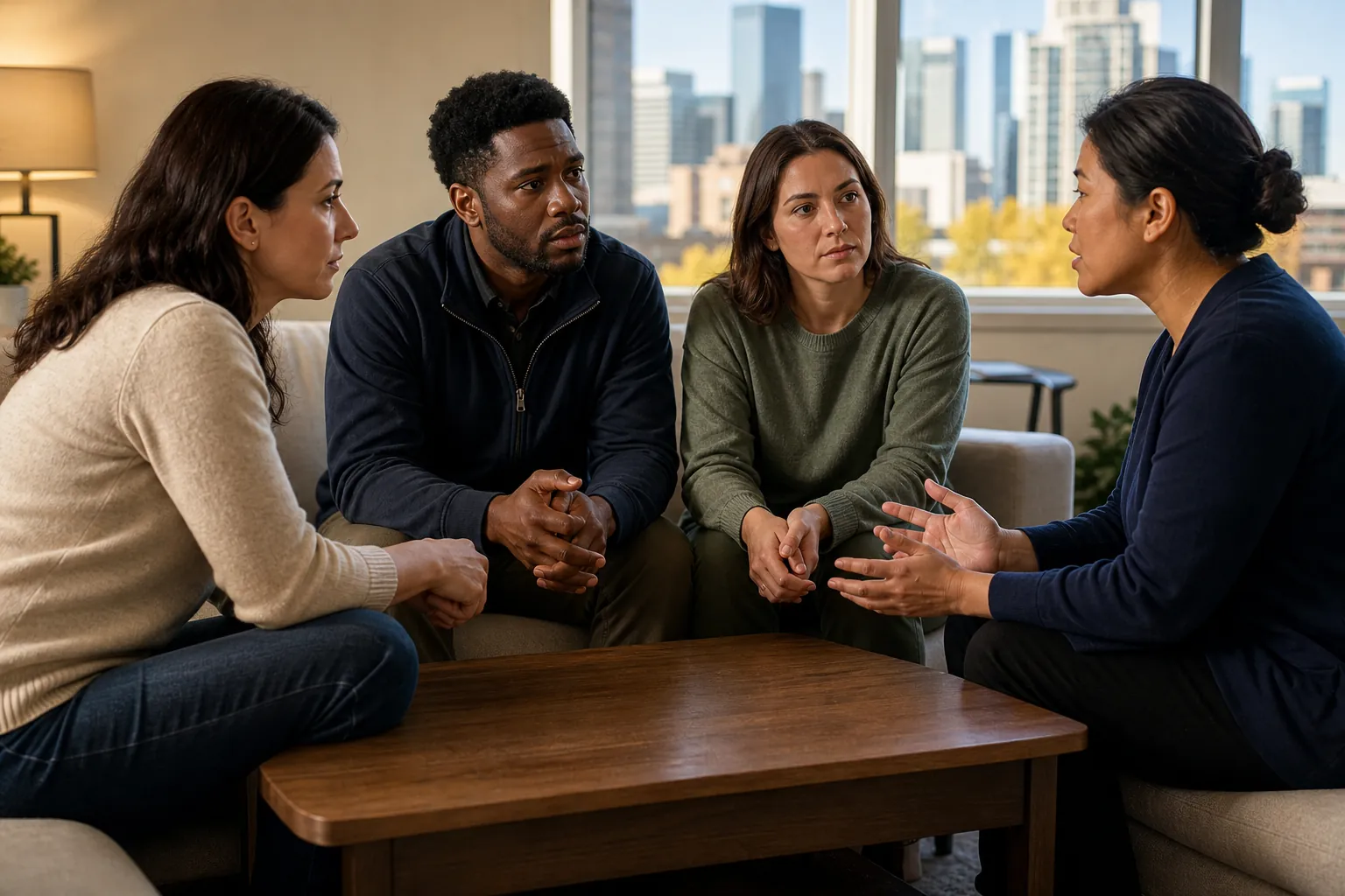 Four Adults Having a Supportive Group Discussion Four adults sit around a wooden coffee table, with three listening as a woman gestures during a group discussion.