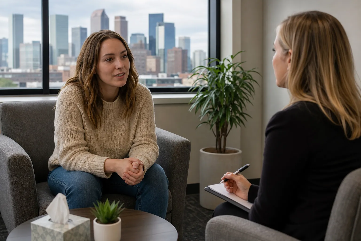 Two Women Talking in a Comfortable Office Two women sit facing each other in an office, one holding a pen and clipboard, with a city skyline visible through the window.