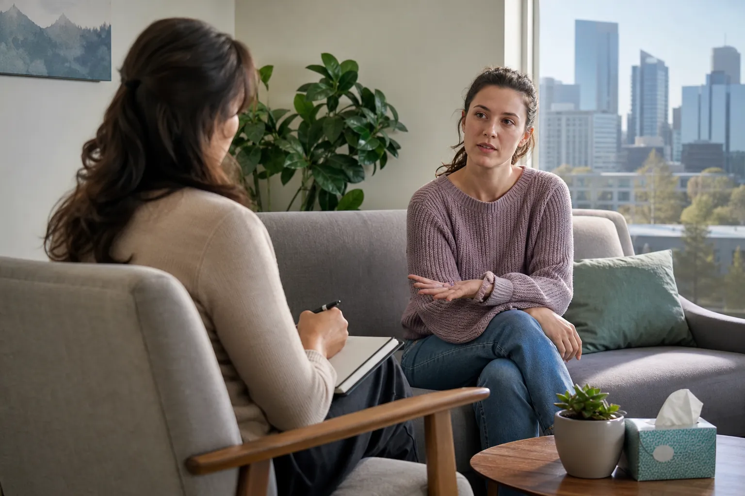 Women Having a Private Conversation in an Office A woman seated on a gray sofa gestures while speaking with another woman holding a pen and notebook in a bright office.