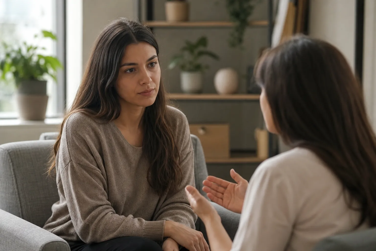 Two Women in a Seated Conversation Two women sit facing each other in a softly lit room, one listening while the other gestures with her hands.