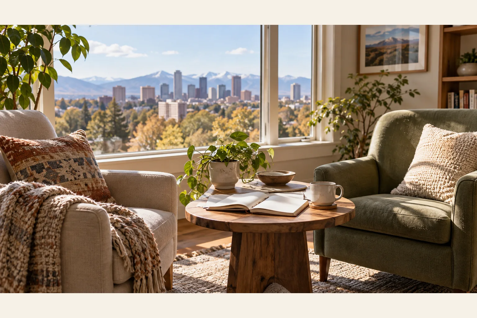 Quiet Seating Area Overlooking a City and Mountains Two cushioned armchairs surround a wooden table with an open book, mug and plant, overlooking a city skyline and mountains.