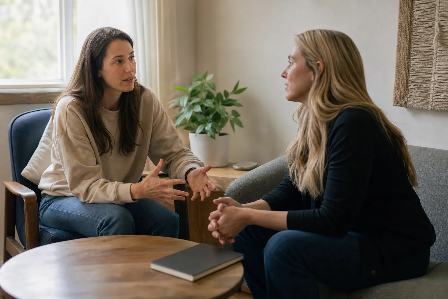 Two Women Talking in a Comfortable Seating Area Two women sit facing each other in a bright room, one gesturing as they talk beside a wooden table with a closed notebook.